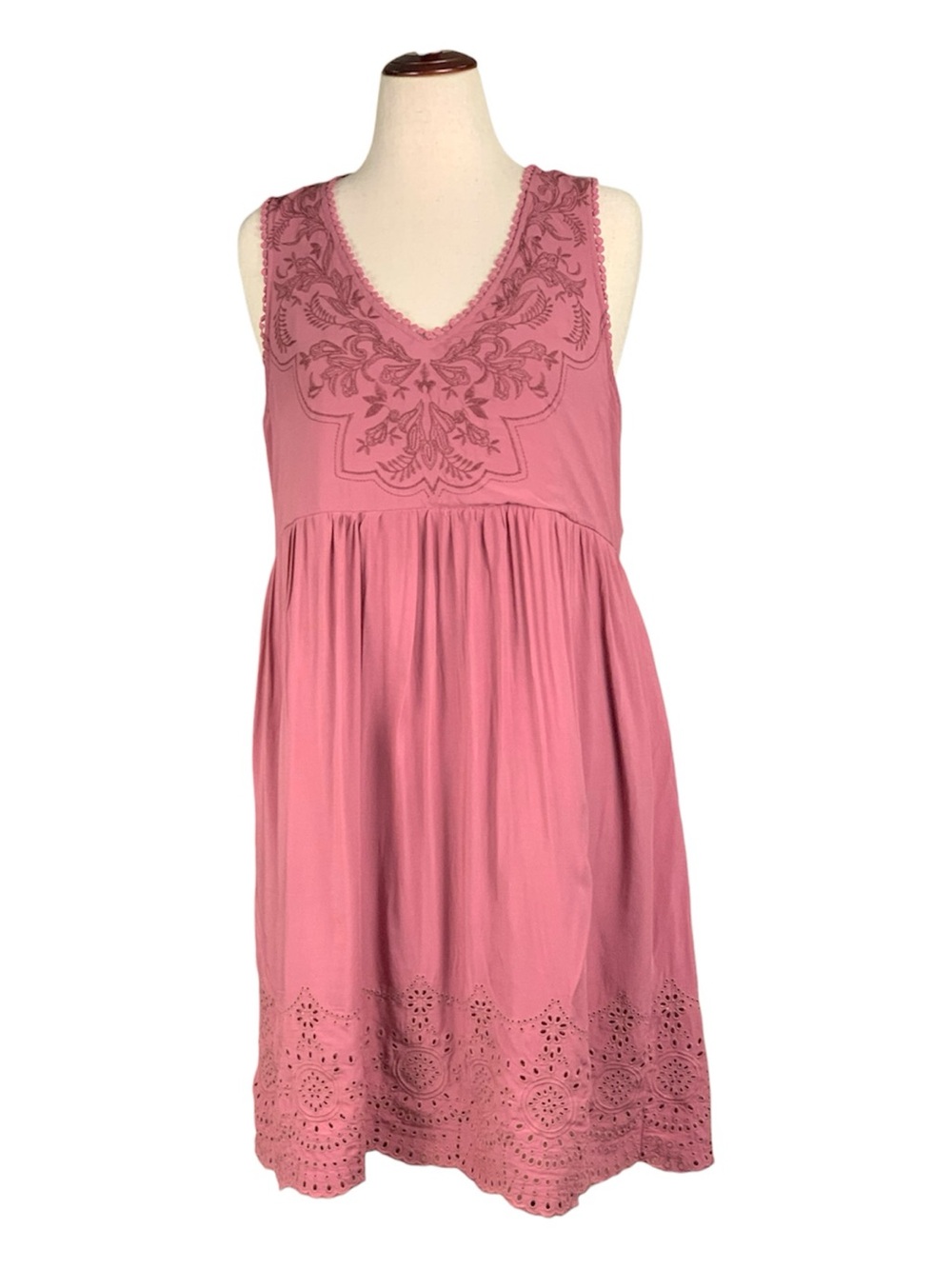 Knox Rose Mauve Pink Sleeveless Embroidered Midi Peasant Babydoll Dress Large